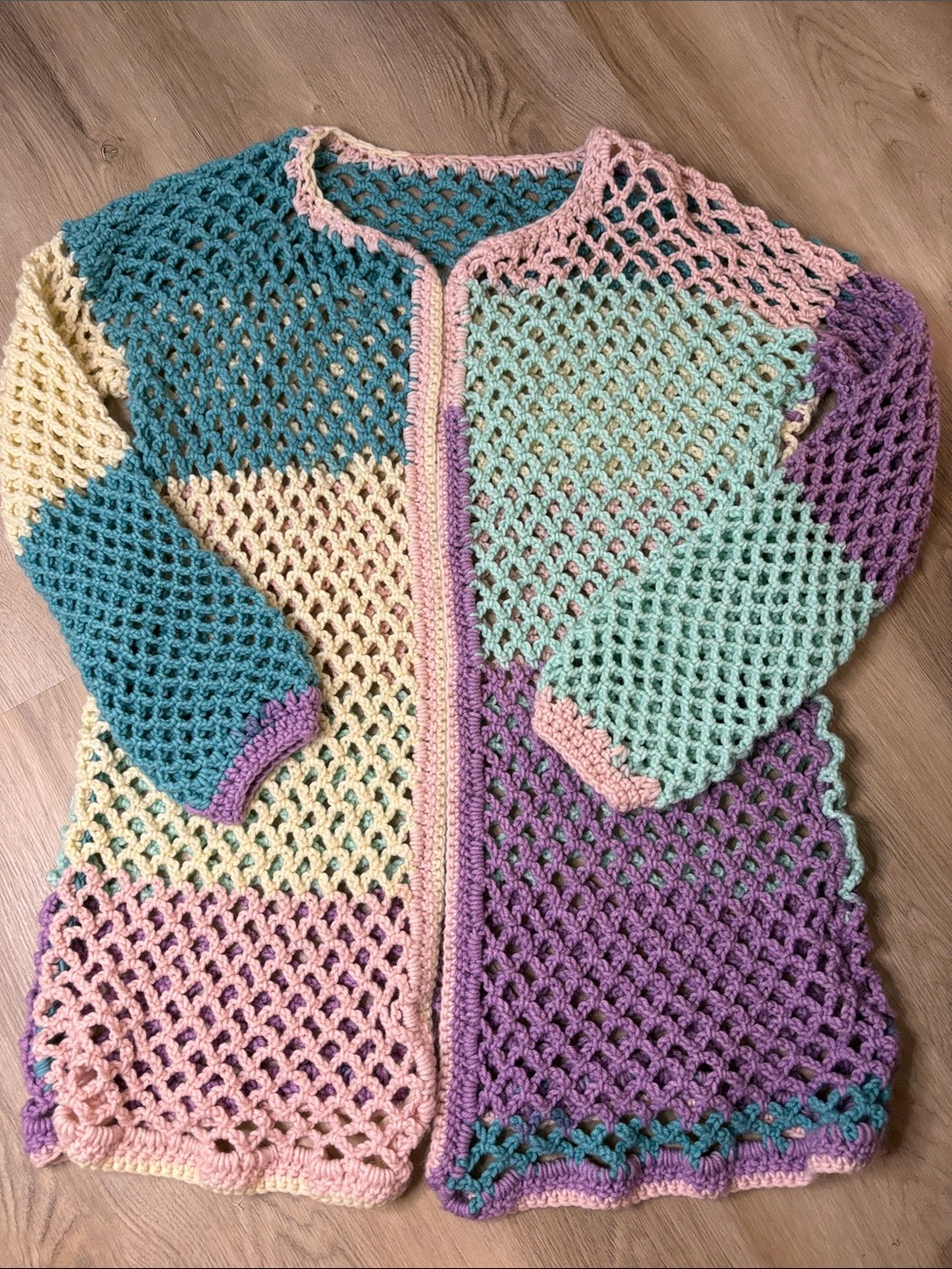 Boho Pastel Crochet Mesh Patchwork Cardigan Sweater medium large grannycore